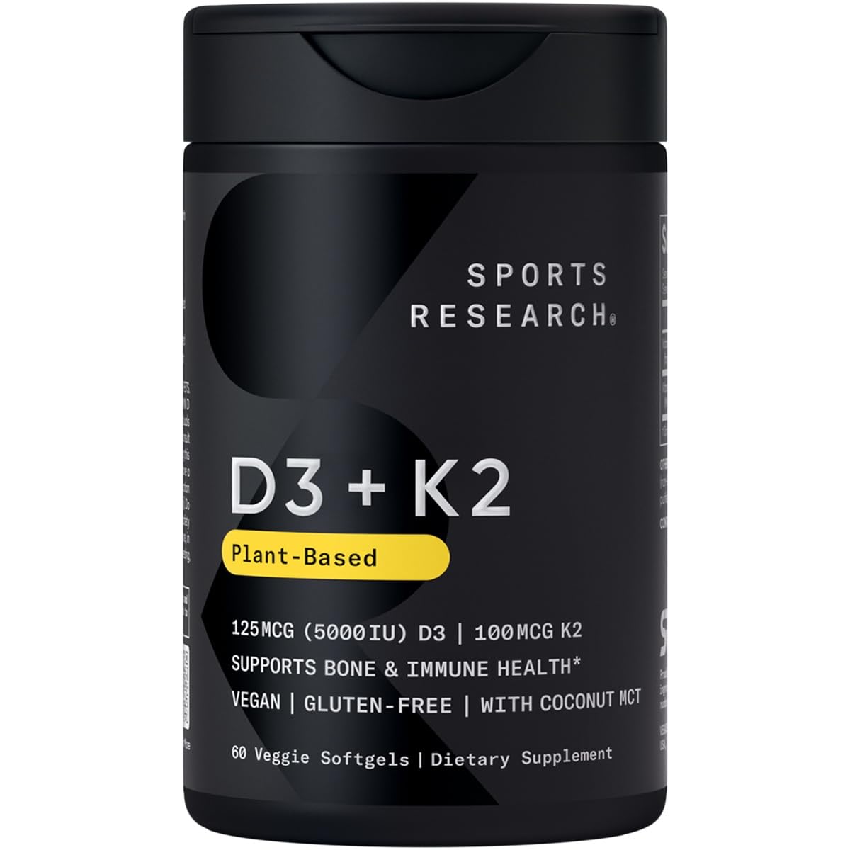 Sports Research Vegan D3 5000iu with Vitamin K2 100mg for Bone Health - Vegan Certified, Soy & Gluten Free - 60 Softgel