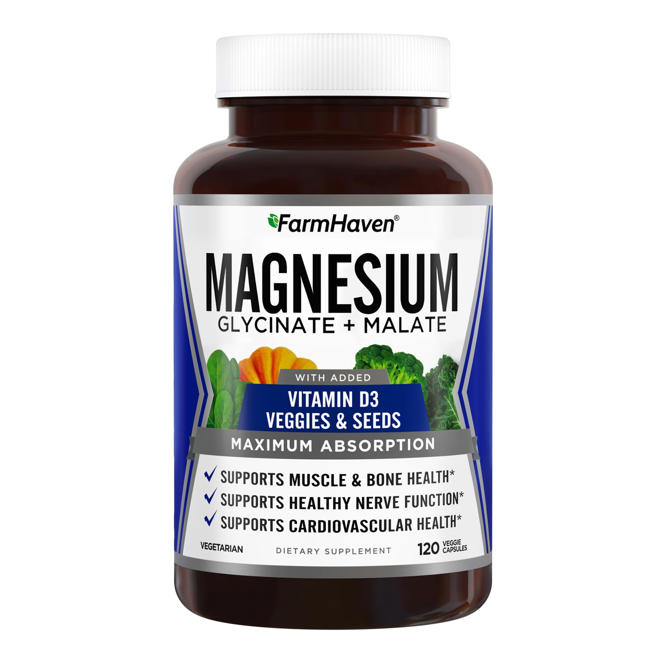 FarmHaven Magnesium Supplement for Bone Health & Nerves, 120 Capsules – Vegetarian, Max Absorption Vitamin D3 & Chelated
