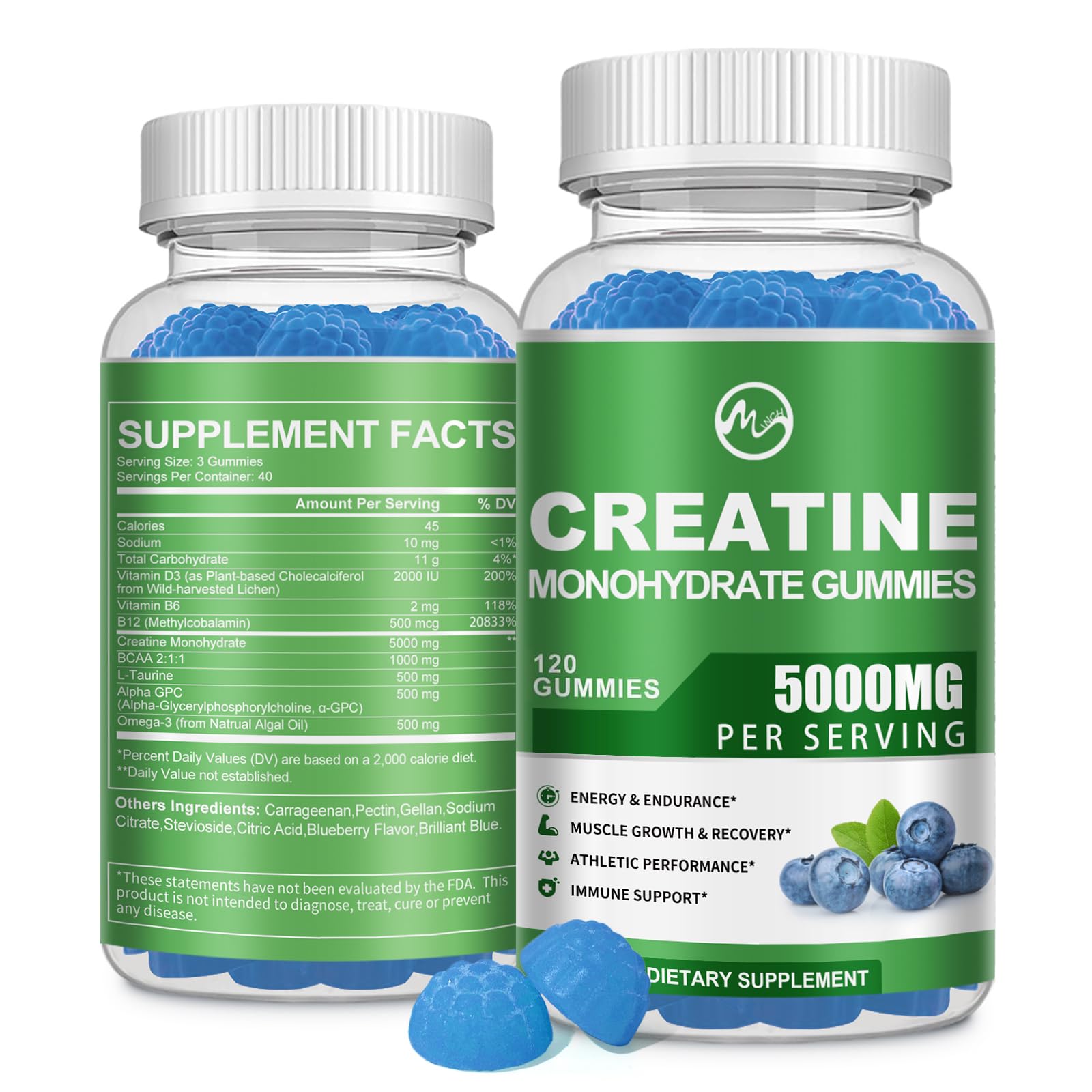 5000mg Creatine Monohydrate Gummies for Strength and Muscle Buildup
| Blueberry Flavored BCAA and Alpha GPC Creatine Mo
