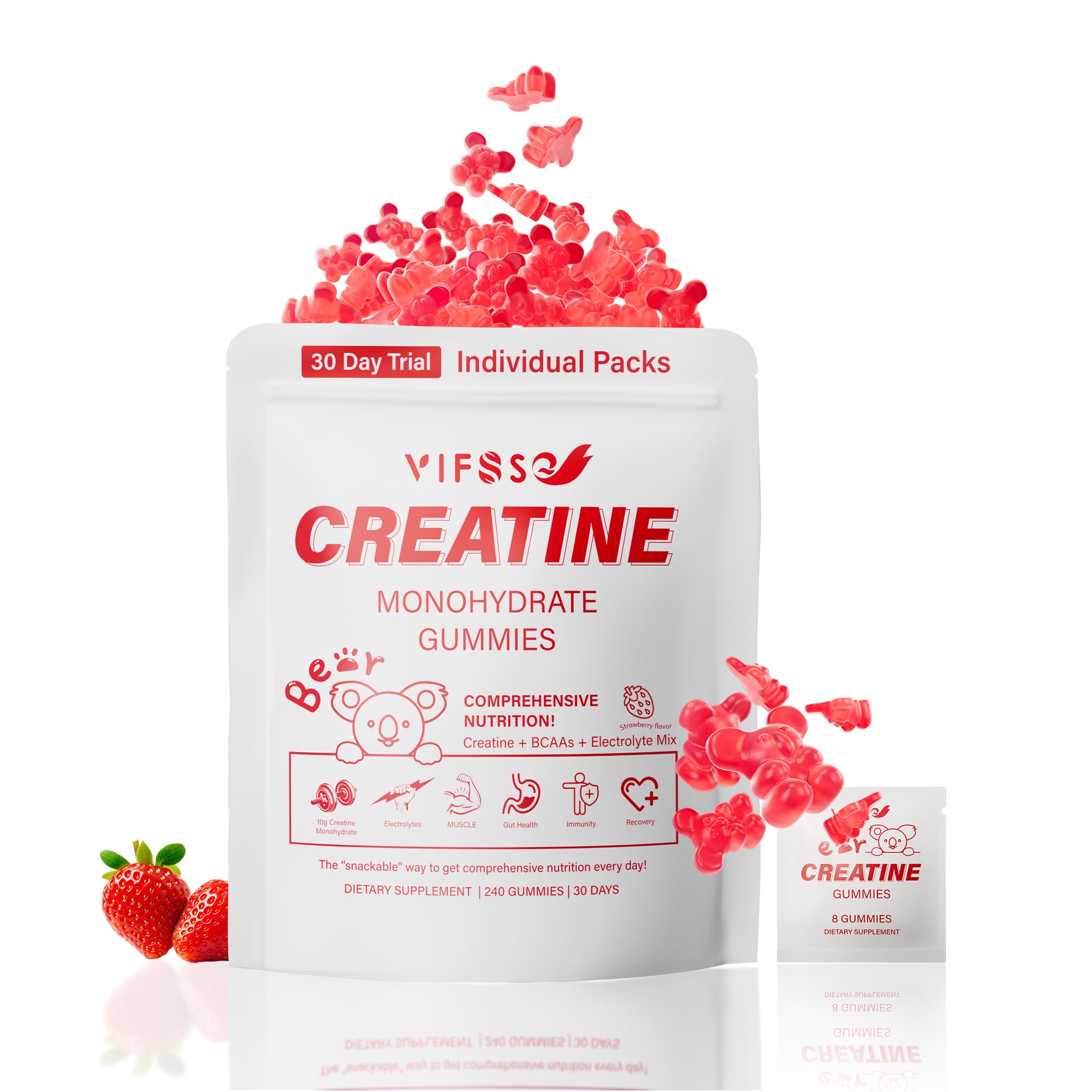 Creatine Monohydrate and BCAAs Chewable Gummies for Muscle Strength - 240 Gummies per Bottle - Women and Menriendly - St
