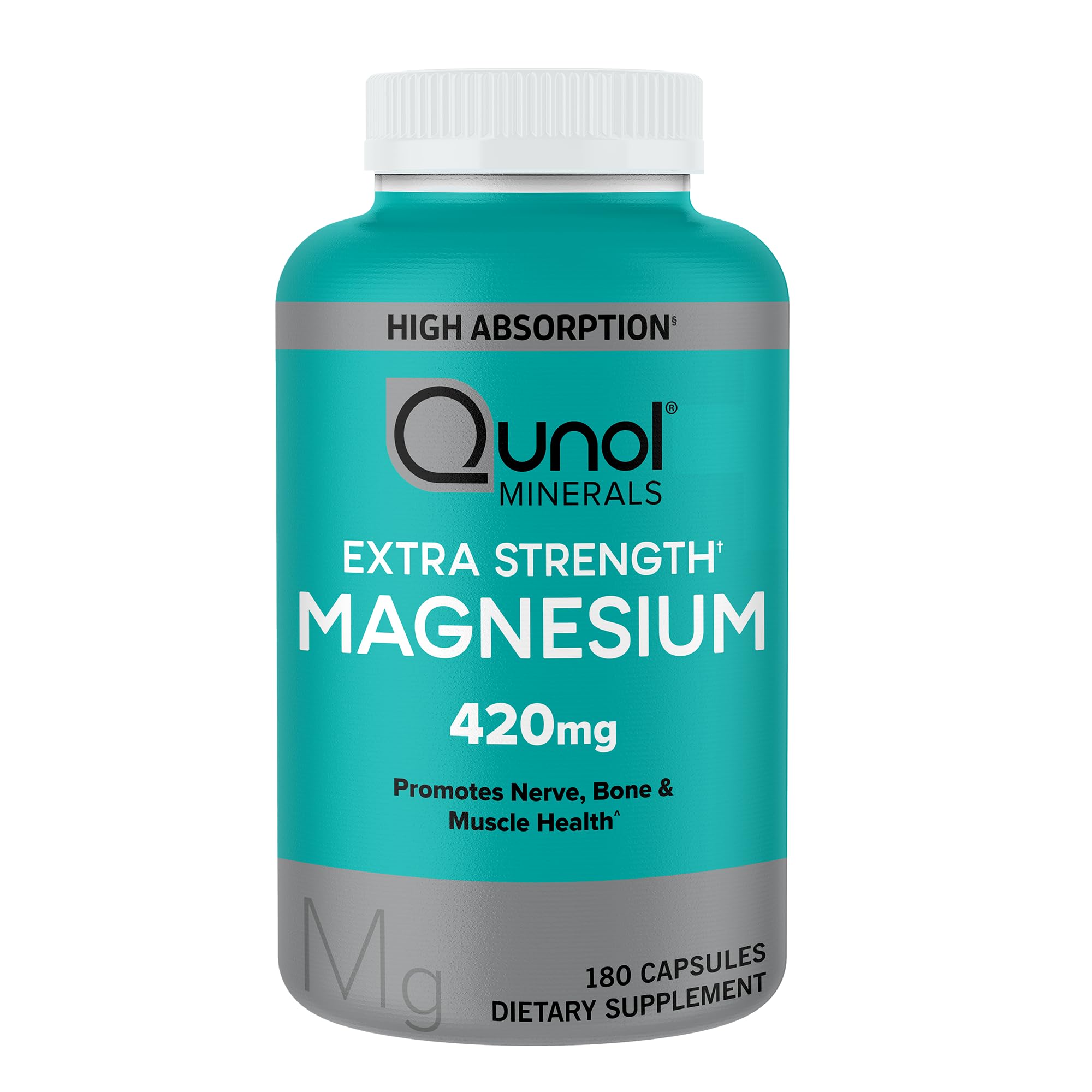 Qunol Magnesium Capsules 420mg, High Absorption, Bone and Muscle Health Supplement for Adults, Everyday Use, 180 Count