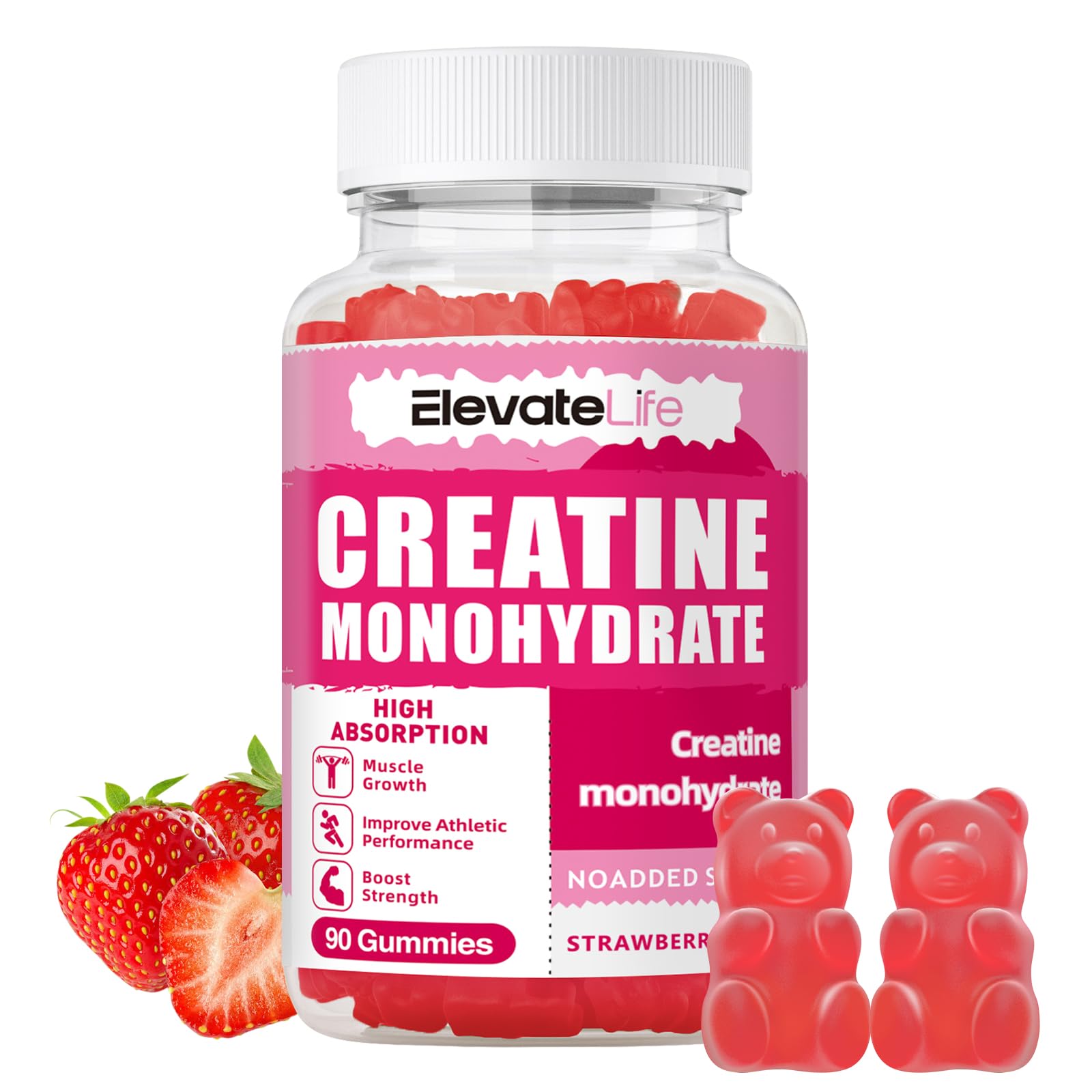 Creatine Monohydrate Gummies 5000mg for Muscle Strength & Energy Boost, Pre-Workout Supplement(90 Count)-Strawberries
