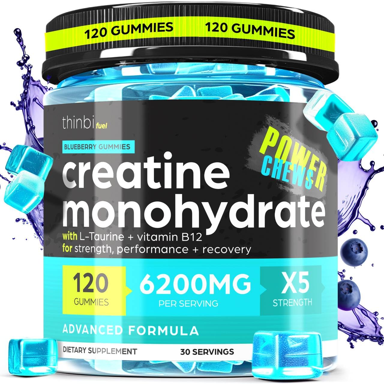 Creatine Monohydrate Gummies Complex 6200mg for Muscle Strength & Energy Boost - 120 Gummies W/L-Taurine + Vitamin B12 -
