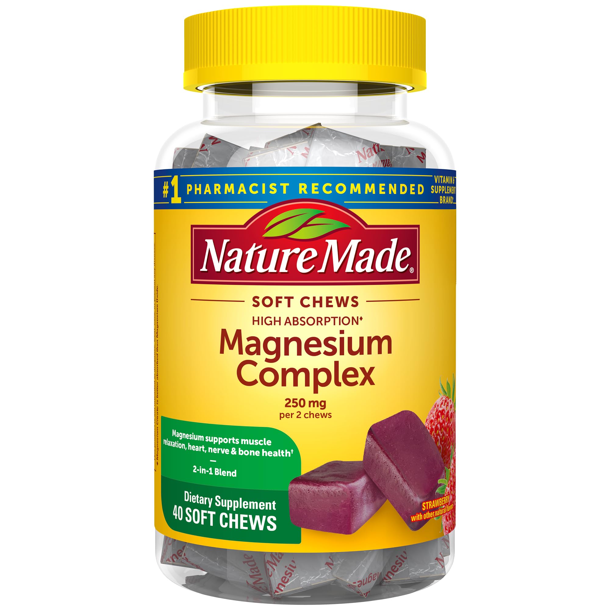 Nature Made High Absorption Magnesium Complex Soft Chews for Muscle, Heart, and Bone Support, 250 mg Per Serving, 40 Veg