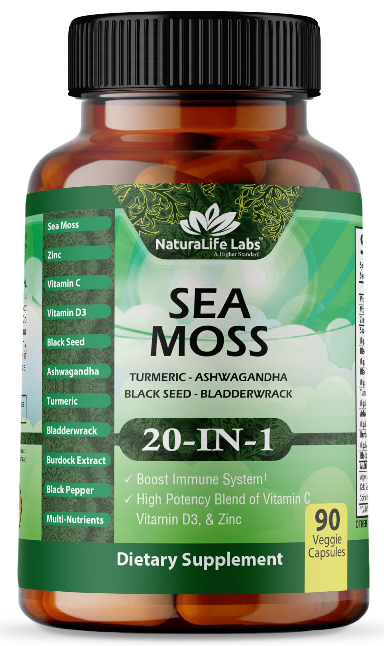Sea Moss, Black Seed Oil, and Vitamin D3 - Immune Support for Men - Daily Health Supplement - 90 Veggie Caps
| Sea Moss