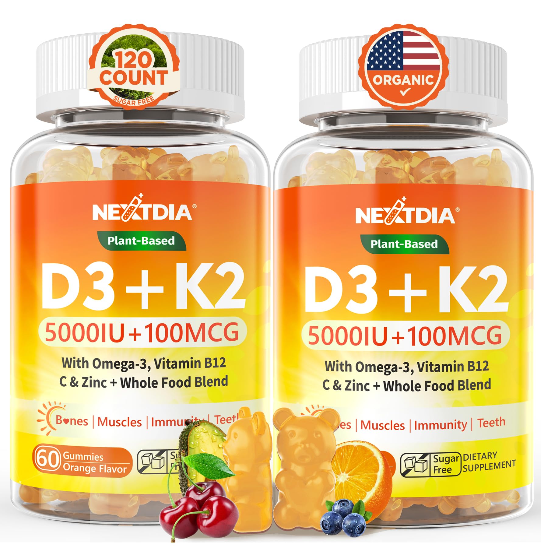Organic Plant D3 5000 IU + K2(MK-7)100 mcg, Supports Bone & Teeth Strength, Whole Food Derived, Methyl B12, Vitamin C, Z