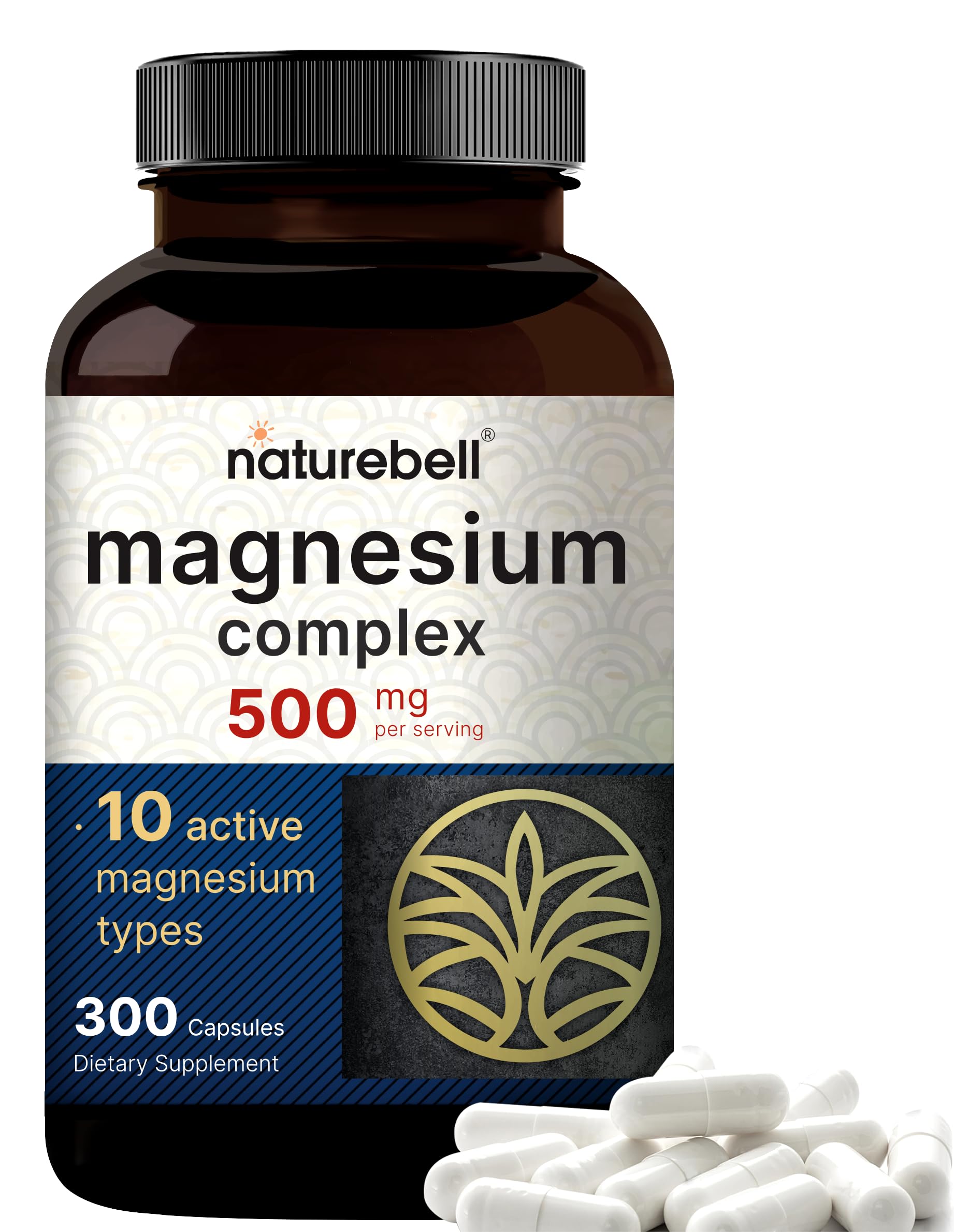 NatureBell Magnesium Complex Supplement for Bone, Heart, & Muscle Support | 500mg, 300 Capsules | 10 Active Forms | Non-