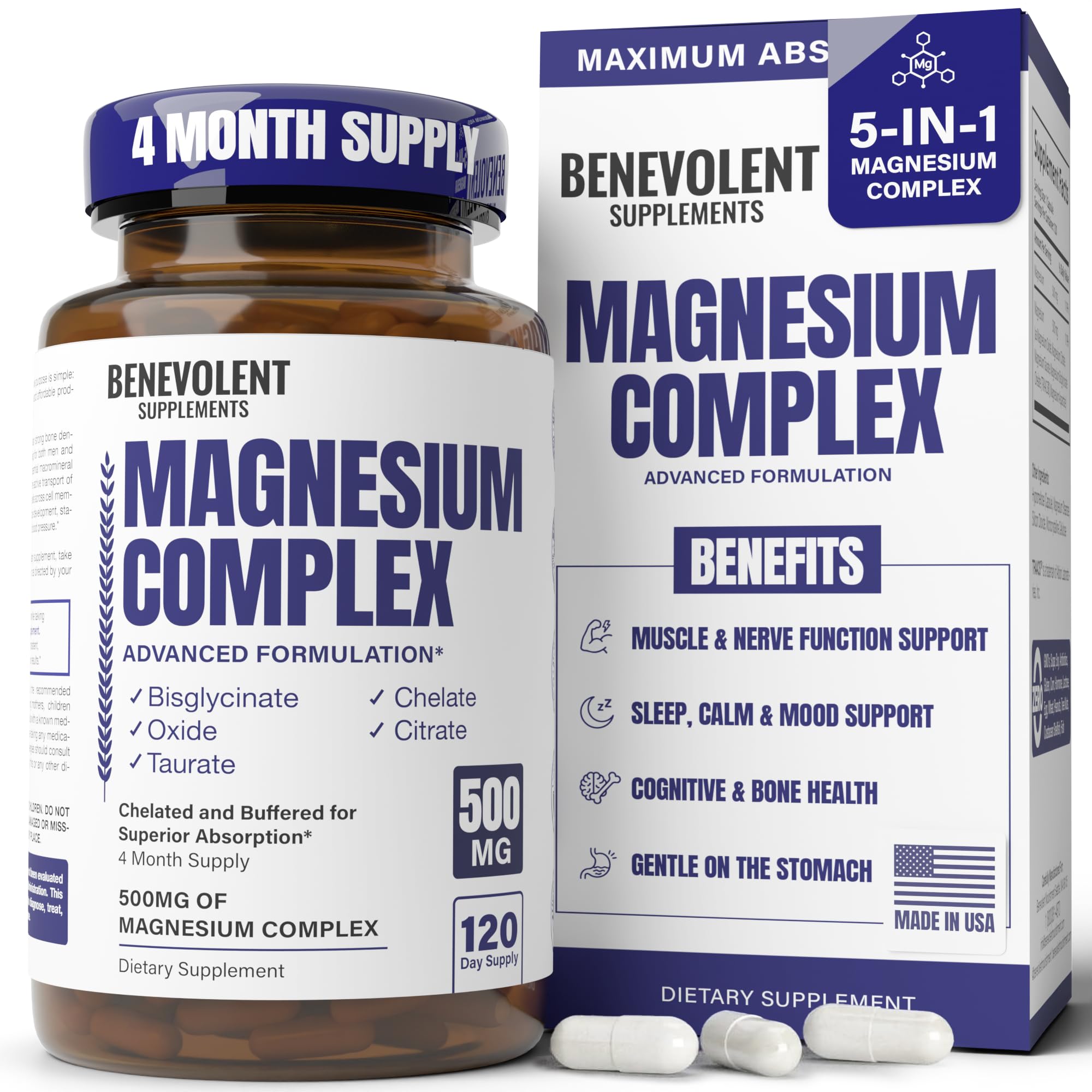 5-in-1 Bisglycinate Magnesium Complex Supplement for Calm, Sleep & Leg Cramps, 120 Capsules, 4 Month Supply
| Max Absor